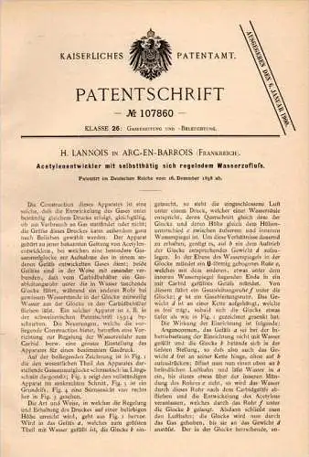 Original Patentschrift - H. Lannois dans Arc en Barrois , 1898 , Appareil pour l'éclairage au gaz acétylène !!!