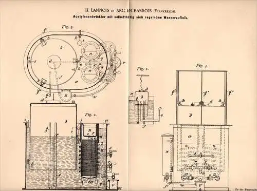 Original Patentschrift - H. Lannois dans Arc en Barrois , 1898 , Appareil pour l'éclairage au gaz acétylène !!!