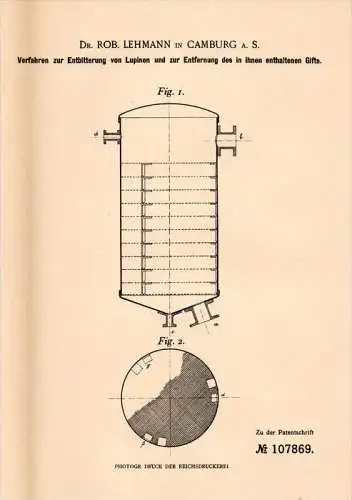 Original Patentschrift - Dr. R. Lehmann in Camburg a. Saale , 1898 , Entgiftung von Lupinen , Agrar , Dornburg !!!