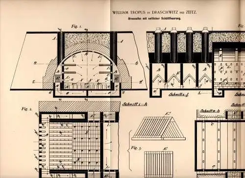 Original Patentschrift - W. Tropus in Draschwitz b. Zeitz , 1894 , Brennofen mit Schüttfeuerung , Ziegelei ,  !!!
