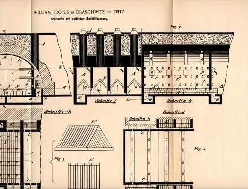 Original Patentschrift - W. Tropus in Draschwitz b. Zeitz , 1894 , Brennofen mit Schüttfeuerung , Ziegelei ,  !!!