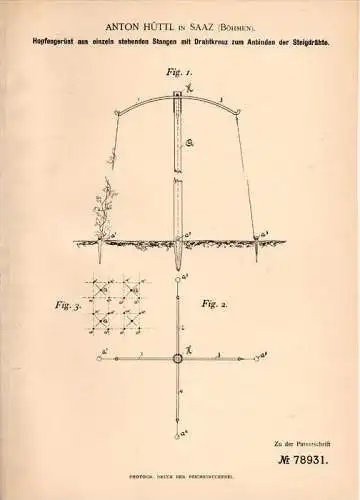 Original Patentschrift - A. Hüttl in Saaz / Zatec i. Böhmen  1894 , Gerüst für Hopfen , Landwirtschaft , Agrar !!!