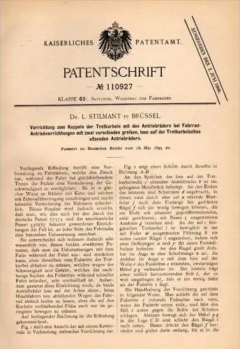 Original Patentschrift - Dr. L. Stilmant in Brüssel , 1899 , Fahrrad - Kupplungsapparat für Tretkurbel , bicycle !!!