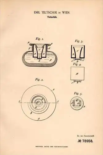 Original Patentschrift - Emil Teltschik in Wien , 1894 , Tintenfaß , Tinte , Tintenfass !!!