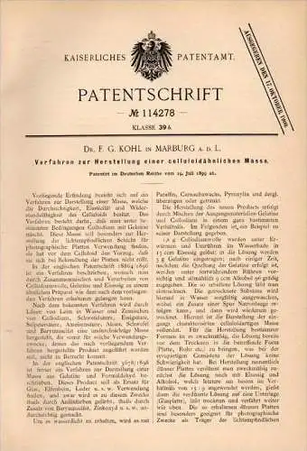 Original Patentschrift - Dr. F.G. Kohl in Marburg a.d. Lahn , 1899 , Herstellung von Celluloid - Masse !!!