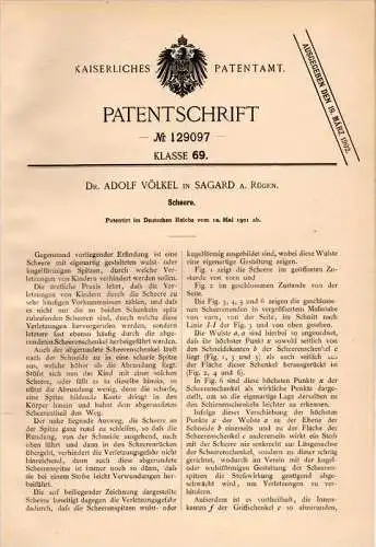 Original Patentschrift - Dr. A. Völkel in Sagard a. Rügen , 1901 , Scheere , Arzt , Schutz für Verletzung , Mecklenburg