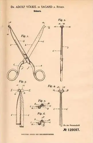 Original Patentschrift - Dr. A. Völkel in Sagard a. Rügen , 1901 , Scheere , Arzt , Schutz für Verletzung , Mecklenburg