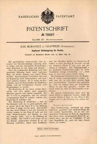 Original Patentschrift - Joh. Moravetz in Gratwein , Steiermark , 1894 , Kupferring für Ventile , Ventil , Maschinenbau