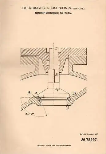 Original Patentschrift - Joh. Moravetz in Gratwein , Steiermark , 1894 , Kupferring für Ventile , Ventil , Maschinenbau