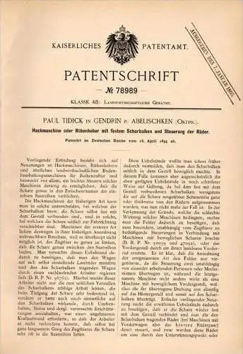 Original Patentschrift -P. Tidick in Gendrin b. Abelischken / Belkino ,1893, Hackmaschine, Mosyr , Friedland Ostpreussen