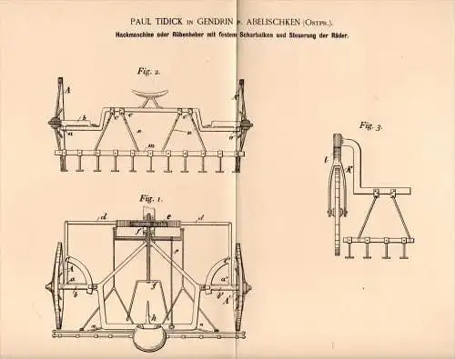 Original Patentschrift -P. Tidick in Gendrin b. Abelischken / Belkino ,1893, Hackmaschine, Mosyr , Friedland Ostpreussen