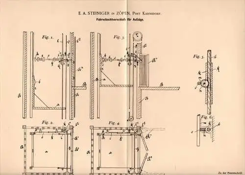 Original Patentschrift - E. Steiniger in Zöpen b. Neukieritzsch ,1895, Apparat für Fahrtuhl , Lift , Aufzug , Kahnsdorf