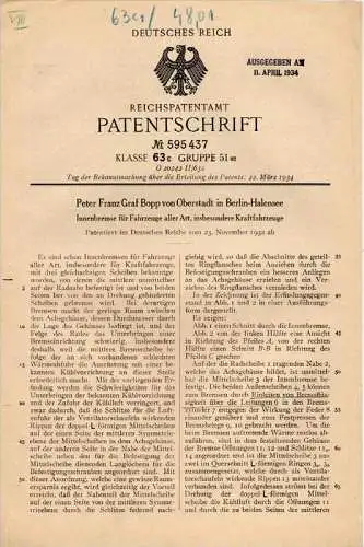 Original Patentschrift - P.F. Graf Bopp von Oberstadt in Berlin - Halense , 1932 , Bremse für Kraftfahrzeuge , Automobil