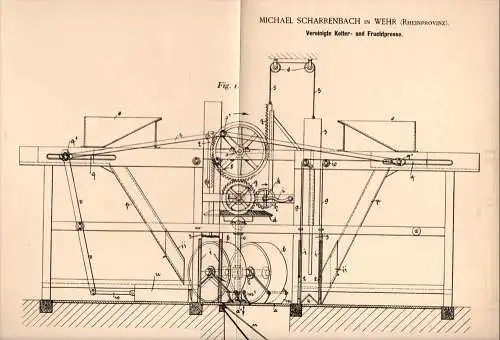 Original Patentschrift - M. Scharrenbach in Wehr b. Ahrweiler , 1893, Kelter und Fruchtpresse , Presse , Wein , Brauerei