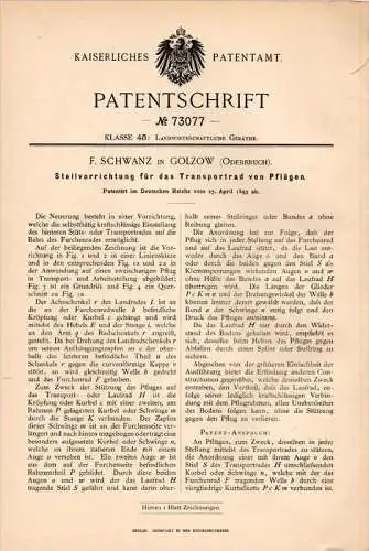 Original Patentschrift - F. Schwanz in Golzow , 1893 . Stellapparat für Pflug , Landwirtschaft , Agrar , Oderbruch !!!