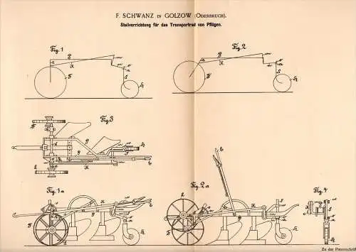 Original Patentschrift - F. Schwanz in Golzow , 1893 . Stellapparat für Pflug , Landwirtschaft , Agrar , Oderbruch !!!