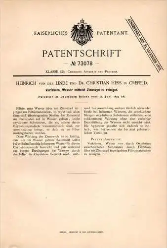 Original Patentschrift - H. von der Linde in Crefeld , 1893 , Reinigung von Wasser mit Zinnoxyd , Dr. Hess i. Krefeld !!