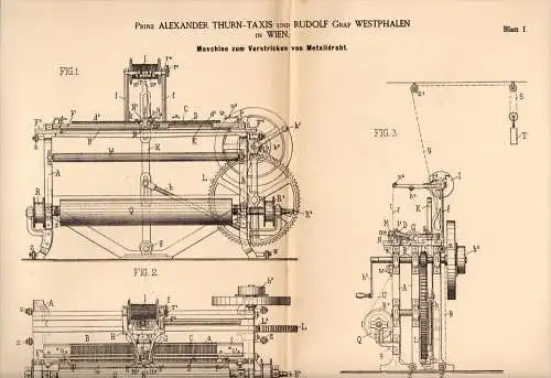 Original Patentschrift - Prinz Alexander Thurn - Taxis und R. Graf Westphalen in Wien , 1884 , Masichine zum Stricken !!