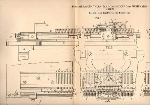 Original Patentschrift - Prinz Alexander Thurn - Taxis und R. Graf Westphalen in Wien , 1884 , Masichine zum Stricken !!