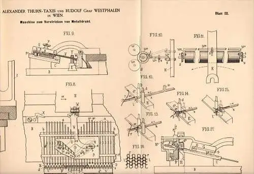 Original Patentschrift - Prinz Alexander Thurn - Taxis und R. Graf Westphalen in Wien , 1884 , Masichine zum Stricken !!