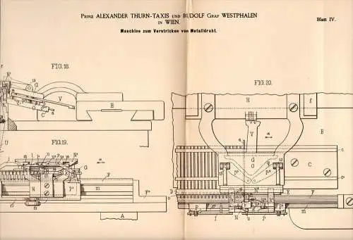 Original Patentschrift - Prinz Alexander Thurn - Taxis und R. Graf Westphalen in Wien , 1884 , Masichine zum Stricken !!