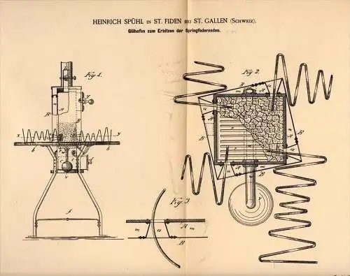 Original Patentschrift - H. Spühl in St. Fiden b. St. Gallen , 1887, Glühofen für Springfedern , Federn , Tablat , Möbel