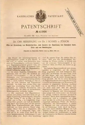 Original Patentschrift - Dr. C. Heinzerling und Dr. J. Schmid in Zürich ,1887, Ofen zur Gewinnung von Salzsäure , Chemie