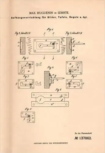 Original Patentschrift - Max Huguenin in Lehrte , 1902 , Aufhängung für Bilder , Tafeln und Regale , Tafel , Schule !!!