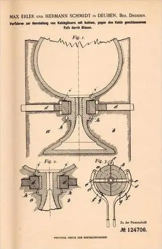 Original Patentschrift - Max Erler in Deuben b. Dresden , 1900 , Kelchglas - Herstellung , Glas , Kelch , Glasmacher !!!