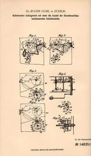 Original Patentschrift - Dr. Eugen Guhl in Zürich , 1902 , Schlagwerk für Uhren , Uhr , Uhrmacher !!!