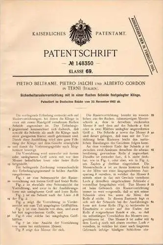 Original Patentschrift - P. Beltrame e P. Jalchi in Terni , 1902 , rasoio di sicurezza, rasatura, barbiere , Cordon !!!!