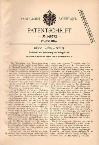 Original Patentschrift - Hugo Lauer in Wesel a.Rh., 1902 , Belagplatten - Herstellung , Platten , Bodenbelag !!!