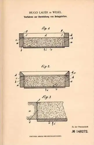 Original Patentschrift - Hugo Lauer in Wesel a.Rh., 1902 , Belagplatten - Herstellung , Platten , Bodenbelag !!!