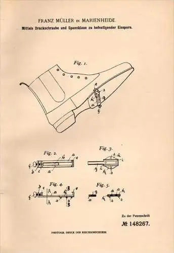 Original Patentschrift - F. Müller in Marienheide b. Köln , 1902 , Eissporn für Schuhe bei schnee und Eis , Schuster !!!