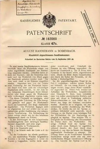 Original Patentschrift -A. Hannemann in Bodenbach / Kelberg ,1905 ,Sandblaskammer , Sandstrahlen , Metallbau Vulkaneifel