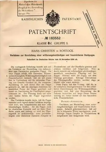 Original Patentschrift - Hans Christen in Rostock i. Meckl., 1904 , feuerfeste Dachpappe , Dachdecker , Feuerwehr , Dach