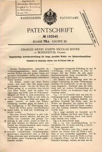 Original Patentschrift - Ch.H. Doyen à Mondrepuis , 1905 , Conduisez pour machine à filer , filature !!!