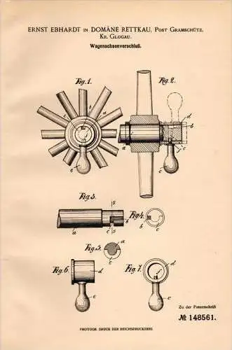 Original Patentschrift -E. Ebhardt in Rettkau / Rettkowen b. Glogau ,1903, Verschluß für Wagen , Automobile , Gramschütz