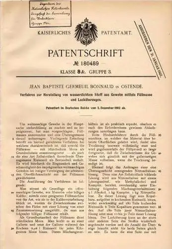 Original Patentschrift - J. Bonnaud in Ostende , 1902 , wasserdichter Stoff aus Füllmasse und Lack !!!