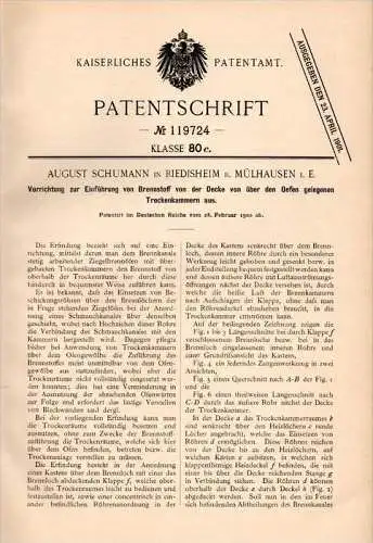 Original Patentschrift -A. Schumann à Riedisheim avec Mulhouse ,1900, Fourniture de combustible pour des fours à briques