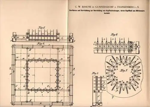 Original Patentschrift - C.W. Krauss in Gunnersdorf b. Frankenberg i.S., 1900 , Herstellung von Hüten , Mützen , Hut !!!