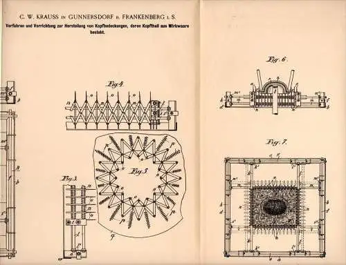 Original Patentschrift - C.W. Krauss in Gunnersdorf b. Frankenberg i.S., 1900 , Herstellung von Hüten , Mützen , Hut !!!