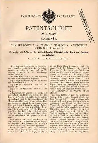 Original Patentschrift - C. Bouché et F. de la Montluel à Chatou , 1900 , Carburateur pour l'éclairage, moto, vélo !!!