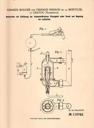 Original Patentschrift - C. Bouché et F. de la Montluel à Chatou , 1900 , Carburateur pour l'éclairage, moto, vélo !!!