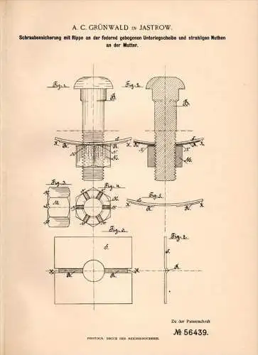 Original Patentschrift - A.C. Grünwald in Jastrow , 1890 , Schraubensicherung , Schrauben , Jastrowie !!!