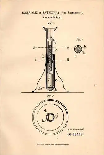 Original Patentschrift - Josef Alix in Sathonay - Village , 1890 , Bougeoir, bougie , candlestick !!!