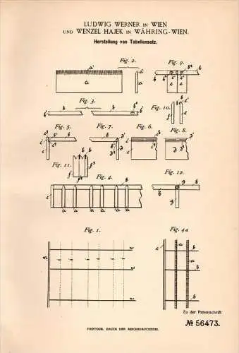 Original Patentschrift - L. Werner und W. Hajek in Währing - Wien , 1890 , Tabellensatz , Druckerei , Buchdruck !!!