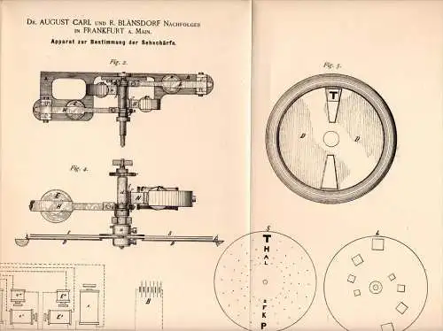 Original Patentschrift - Dr. A. Carl und R. Blänsdorf in Frankfurt a.M., 1890 , Sehschärfe - Apparat , Augenarzt , Auge