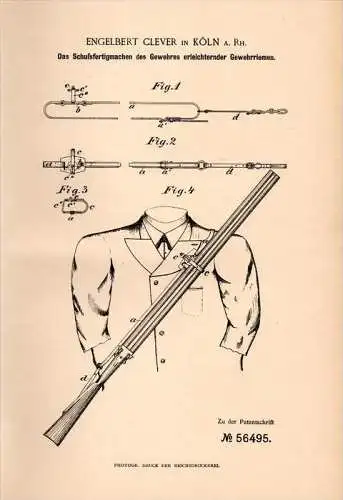 Original Patentschrift - E. Clever in Köln a.Rh., 1890 , Riemen für Gewehr , Jagd , Jäger , Schießen !!!