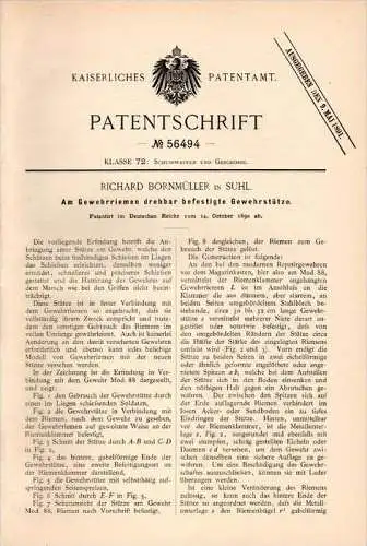 Original Patentschrift - R. Bornmüller in Suhl i.Th., 1890 , Gewehrstütze , Gewehr , Reichswehr , Wehrmacht , Heer !!!